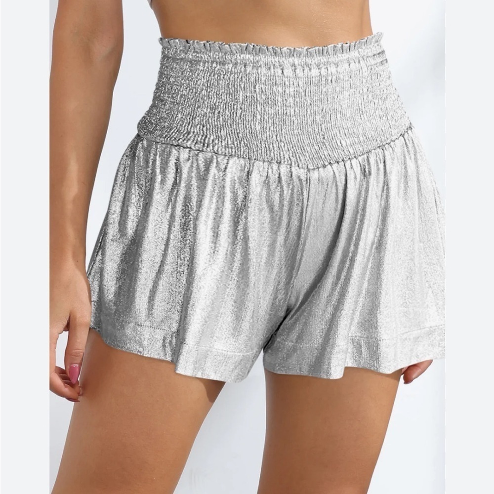 TCEC Silver Smocked High Waist Shorts